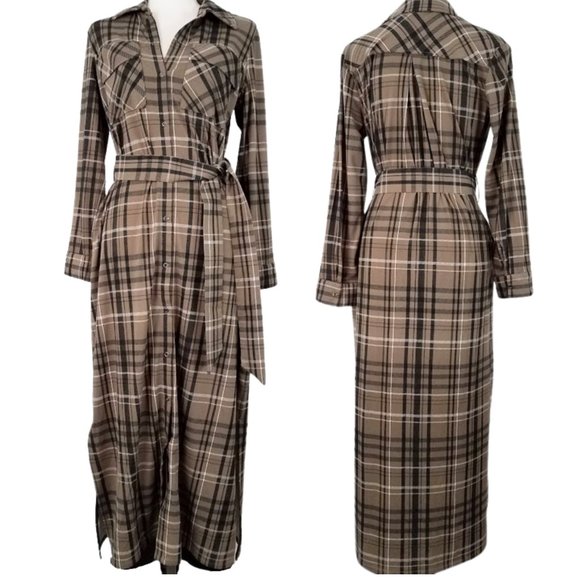 G.I.L.I. Dresses & Skirts - G.I.L.I. GOT IT LOVE IT Tan & Black Plaid Snap-Front Maxi Dress - Women's SP